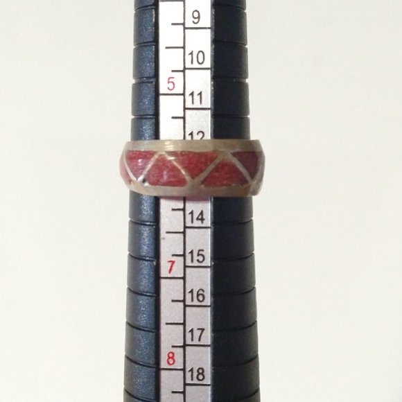 Sterling Silver Red Coral Chip Inlay Native American Western Ring Size: 3 Or 5 - Picture 10 of 11